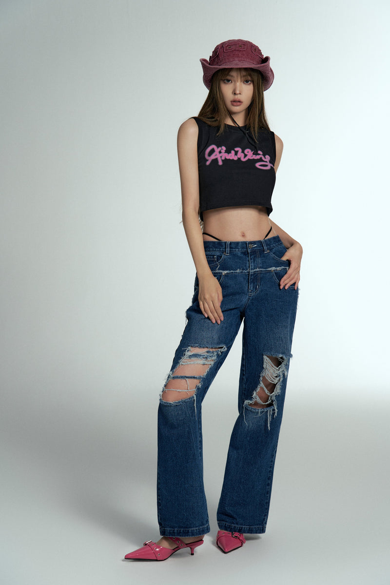 side string damaged denim pants