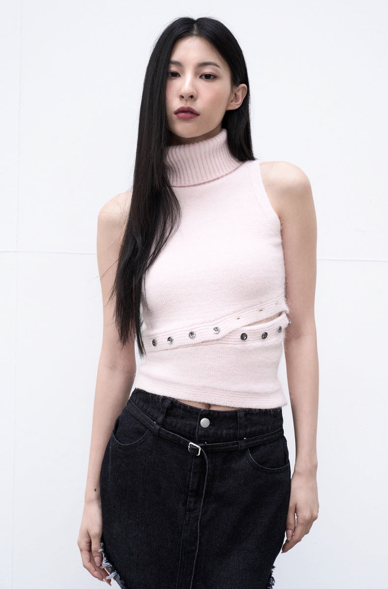 button fluffy nosleeve knit tops – ANDWANG