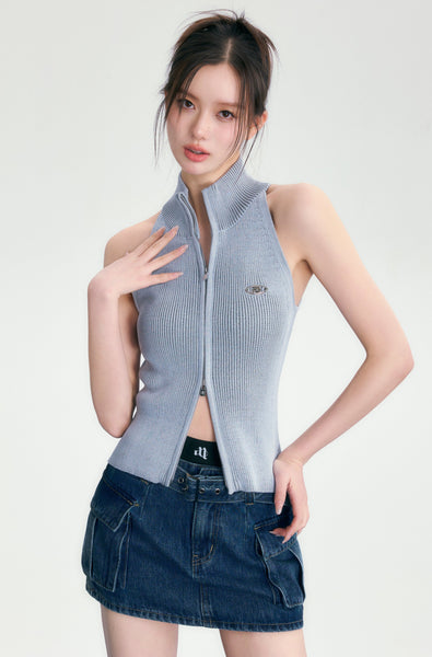 zip up rib knit tops (ice blue)