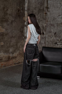 【予約】back cutout denim pants (black×white)