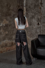 Load image into Gallery viewer, back cutout denim pants (black×white) 
