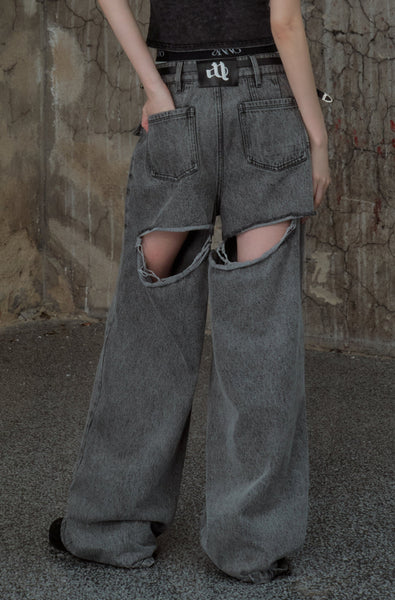 back cutout denim pants (gray)
