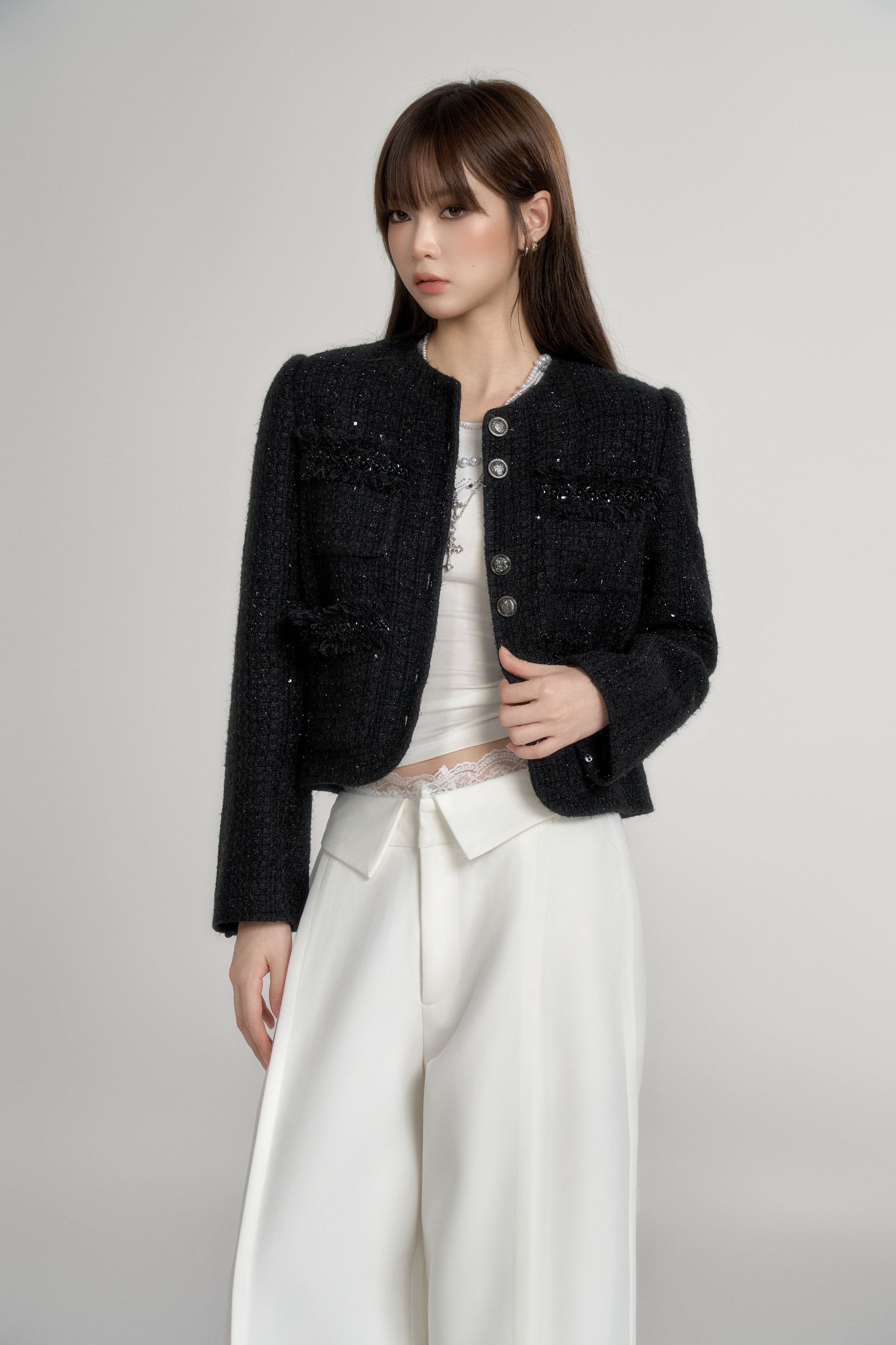 Tweed arm fur jacket