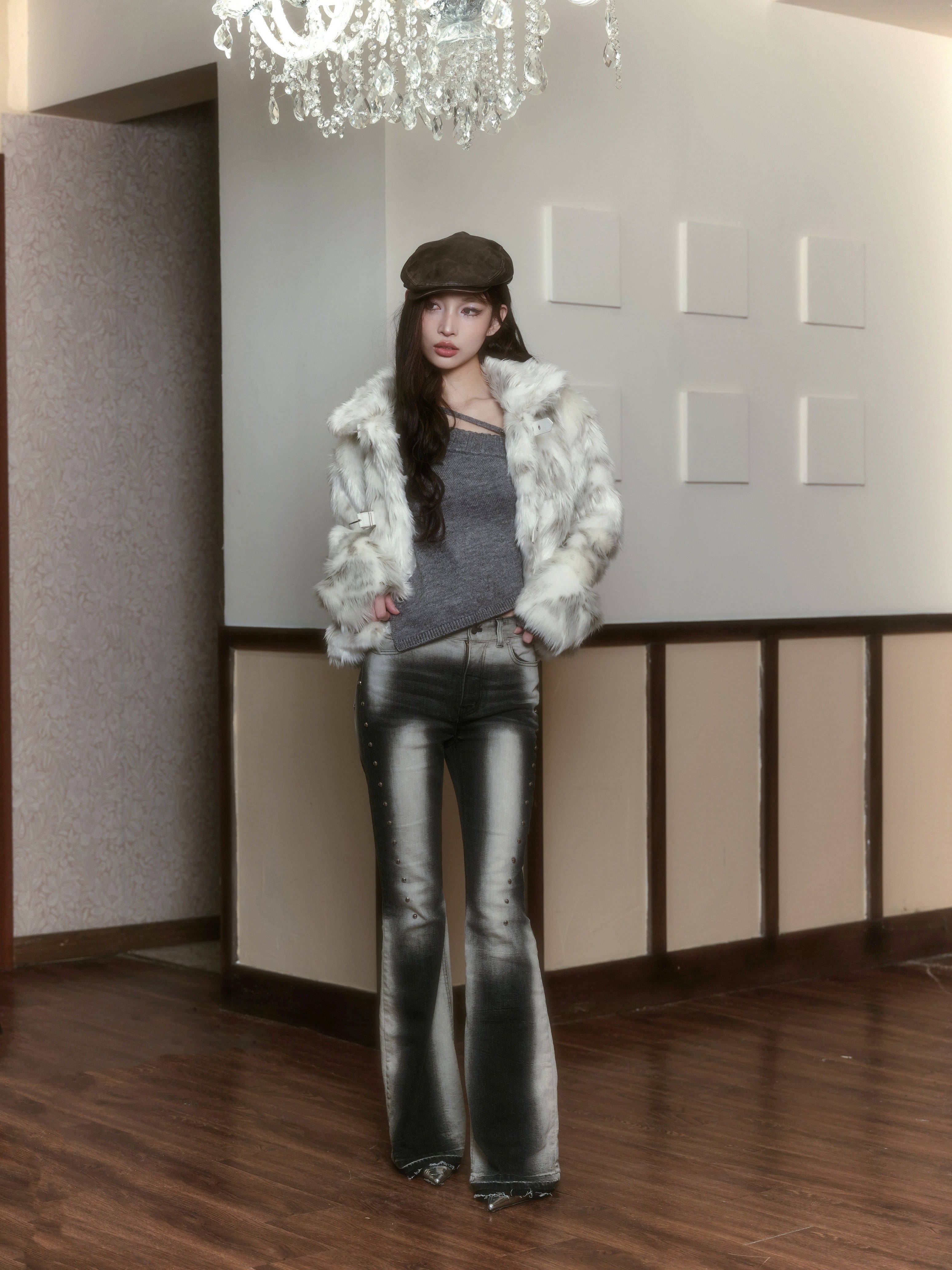 White mix fake fur coat