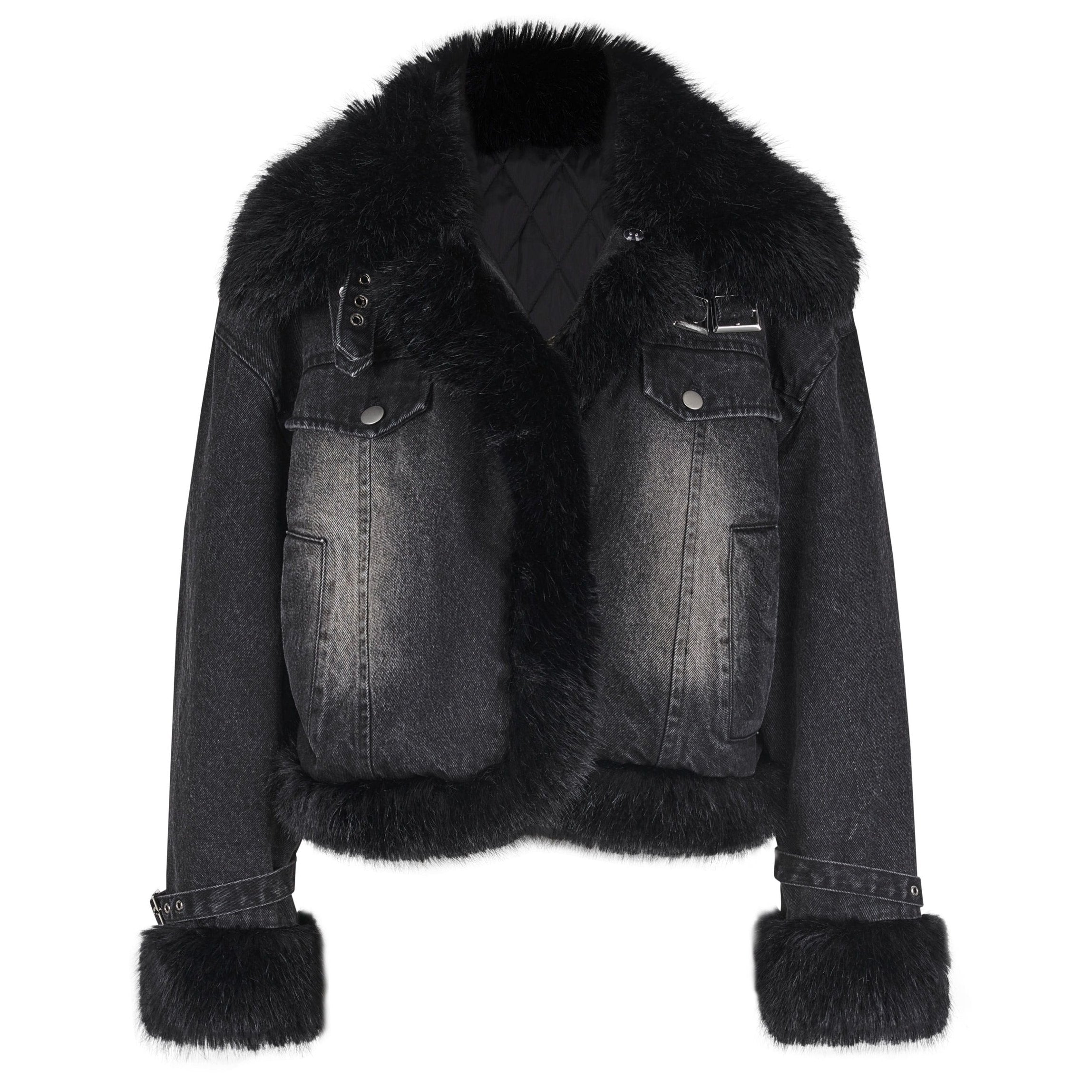 Washed denim fur outer