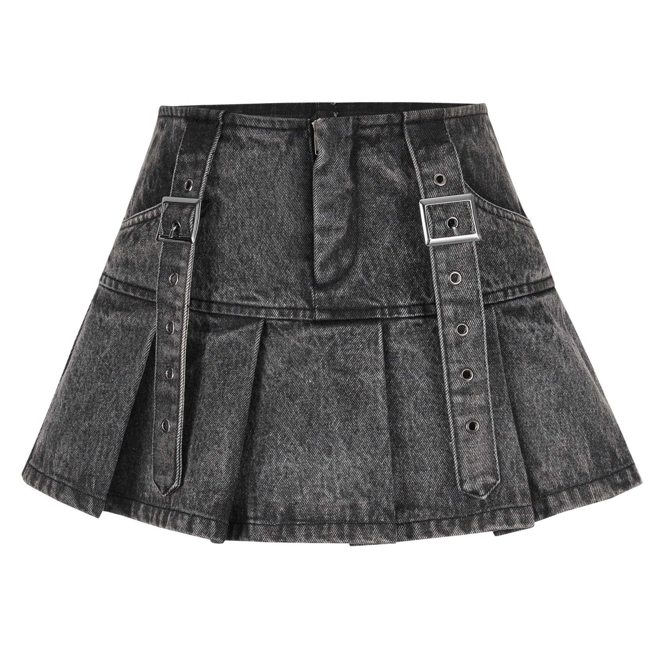 Washed belt denim skirt