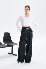 Load image into Gallery viewer, back cutout denim pants (black×white) 
